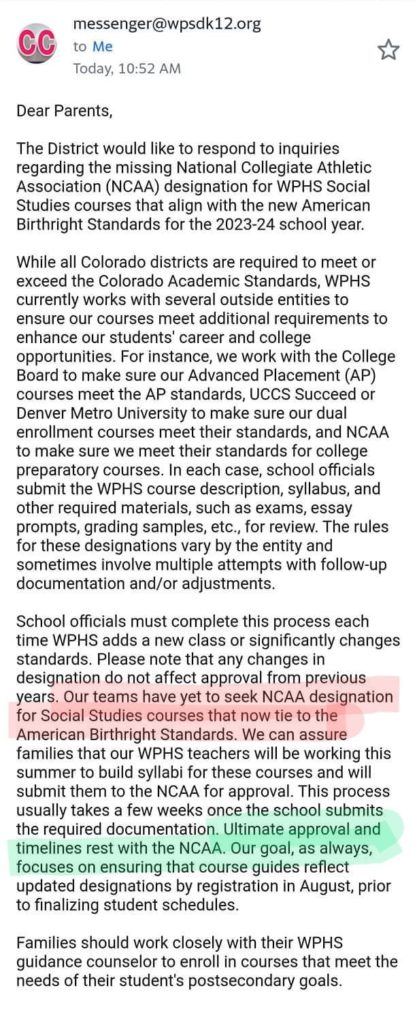 Status of WPHS NCAA course eligibility - Support Woodland Park Schools
